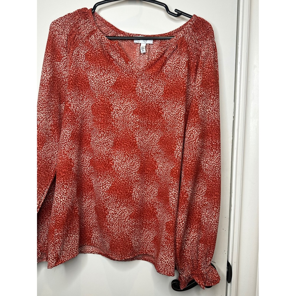 Jessica Simpson Women's Rust Orange Abstract Print V-Neck Blouse Smocked Cuff